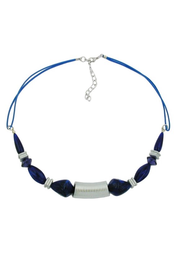 NECKLACE GROOVED TUBE BEAD SILVER COLOURED & BLUE BEADS