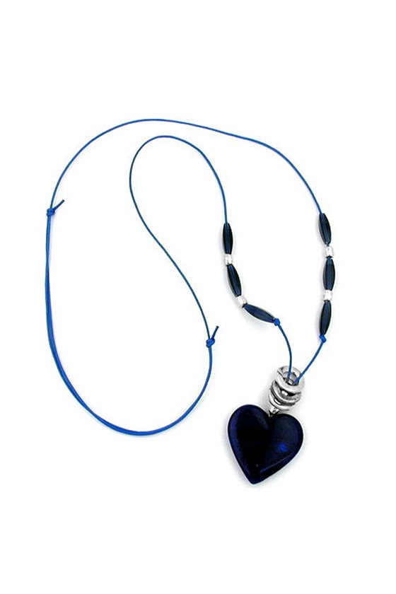 NECKLACE HEART PENDANT BLUE/ CHROME/ ANTIQUE SILVER COLOURED