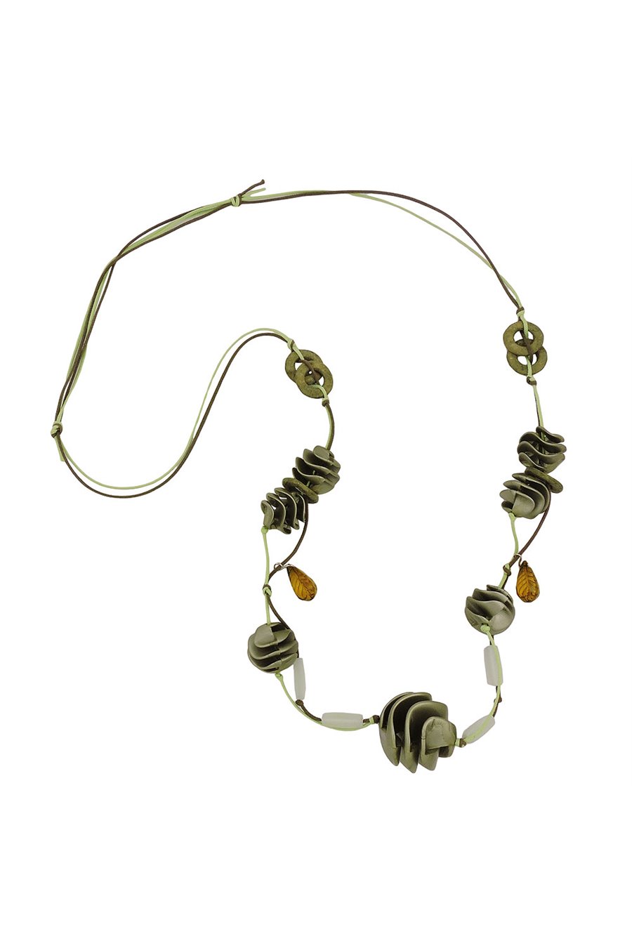 NECKLACE OLIVE-GREEN SPIRAL BEADS CORD