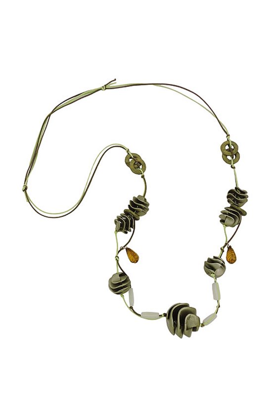 NECKLACE OLIVE-GREEN SPIRAL BEADS CORD
