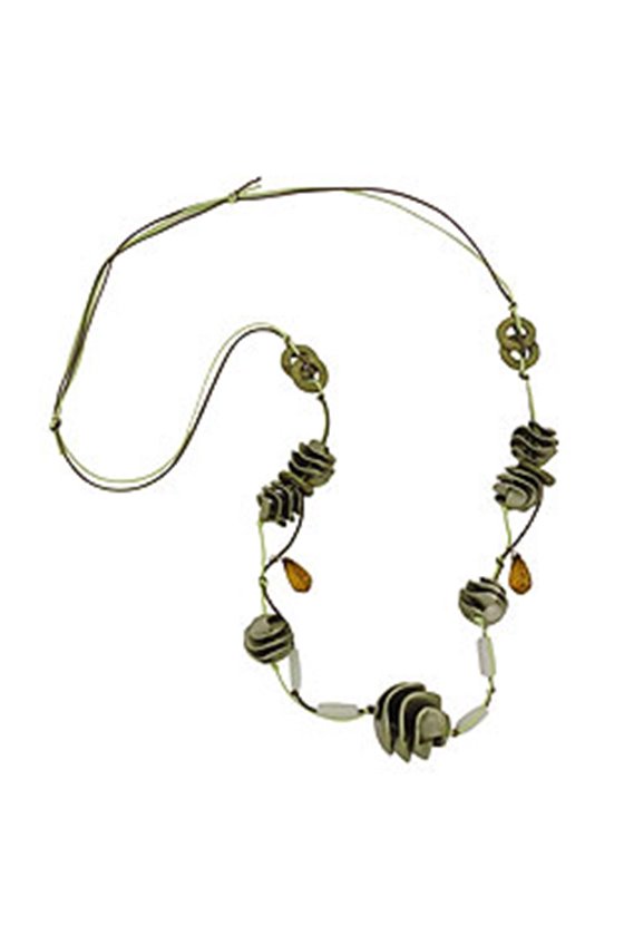 NECKLACE OLIVE-GREEN SPIRAL BEADS CORD
