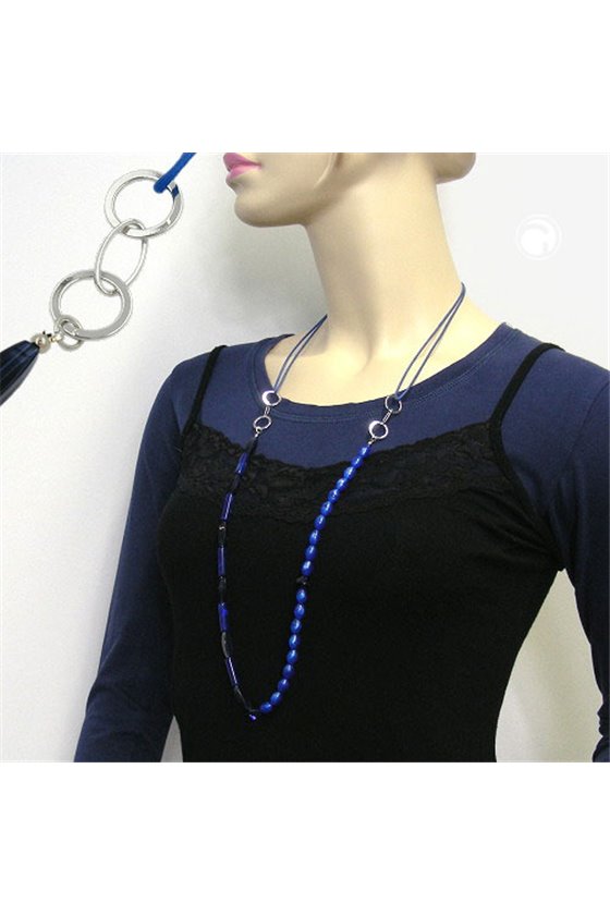 NECKLACE BLUE BEADS CHROME/ SILVER COLOURED RINGS