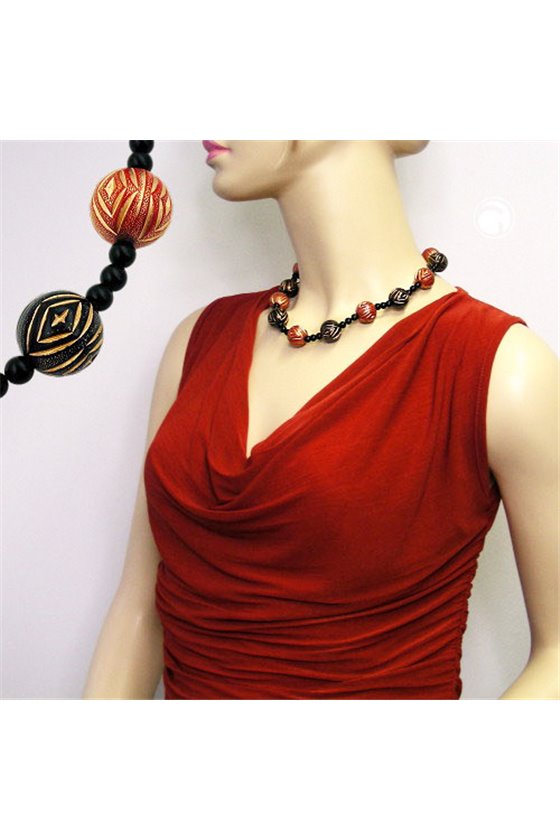 NECKLACE DESIGNER BEADS RED/BLACK/GOLD-COLOURED
