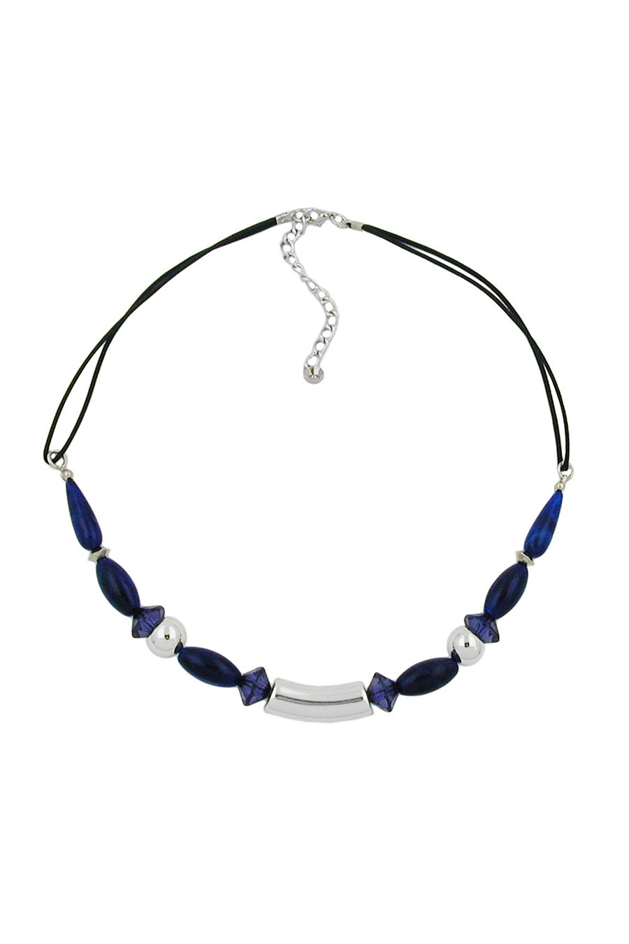 NECKLACE SILVER COLOURED TUBE BEAD BLUE BEADS