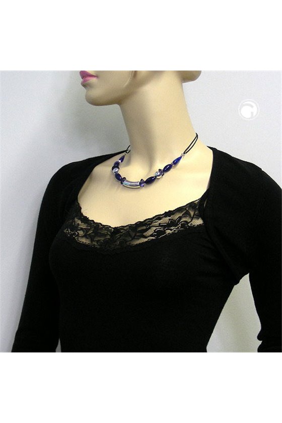 NECKLACE SILVER COLOURED TUBE BEAD BLUE BEADS