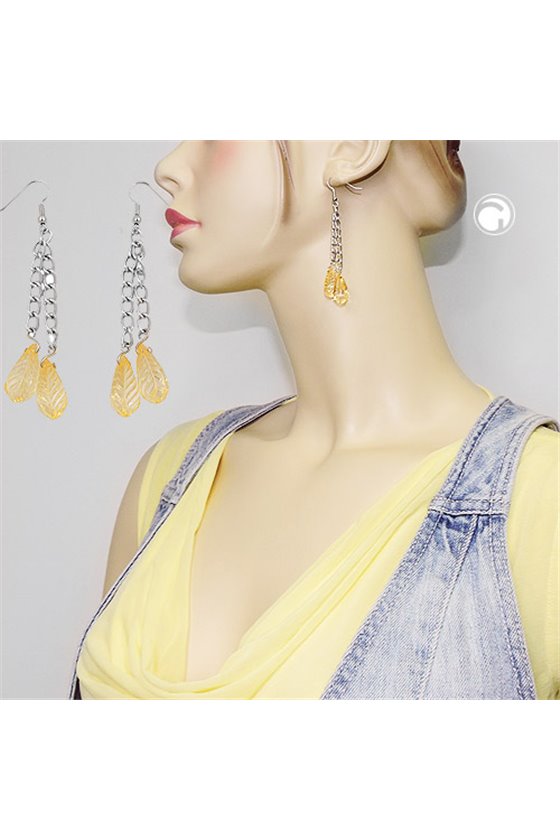 HOOK EARRINGS CHAIN SILVER COLOURED WITH LEAF BEADS YELLOW