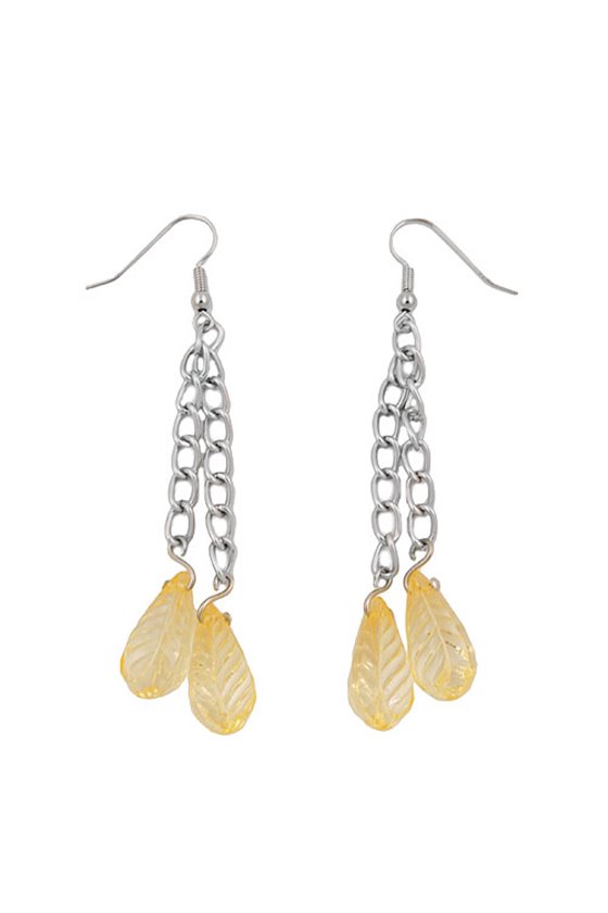 HOOK EARRINGS CHAIN SILVER COLOURED WITH LEAF BEADS YELLOW