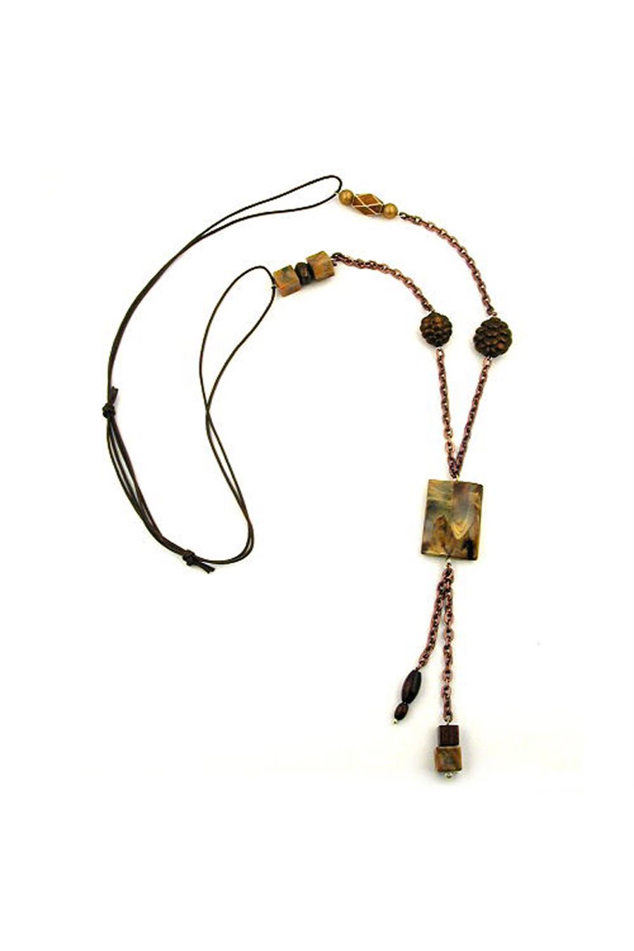 NECKLACE RECTANGULAR BEAD BROWN/COPPER COLOURS DIFFERENT SHAPES