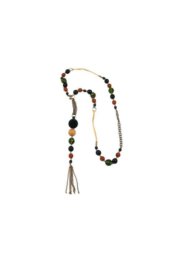 NECKLACE GLASS BEADS GREEN BROWN RED 90CM