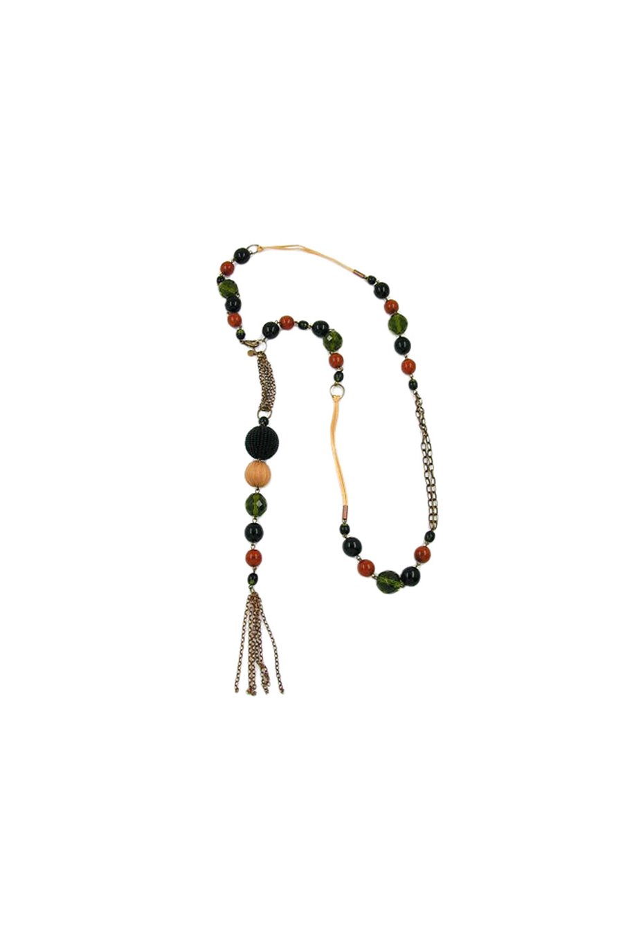 NECKLACE GLASS BEADS GREEN BROWN RED 90CM