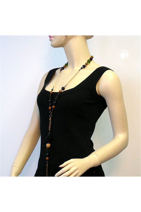 NECKLACE GLASS BEADS GREEN BROWN RED 90CM