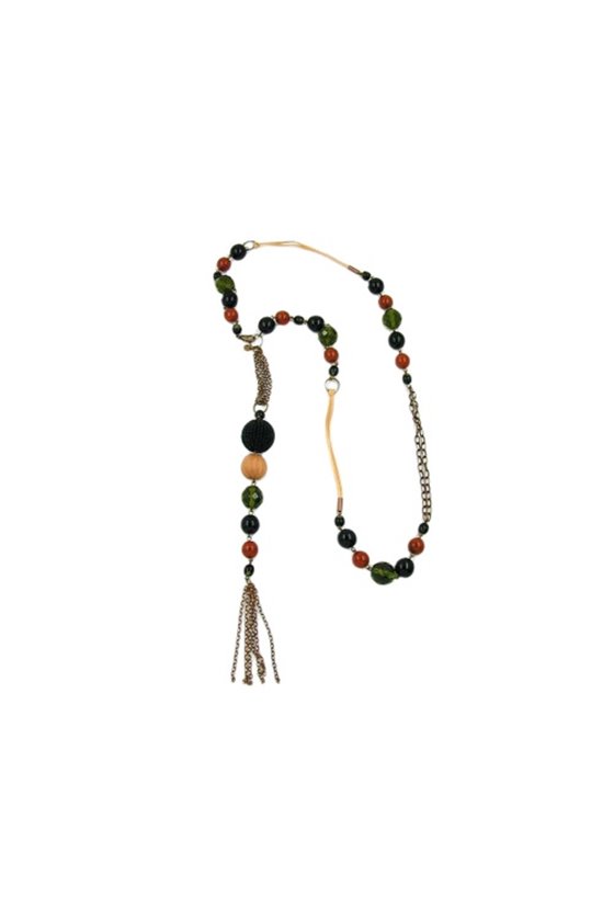 NECKLACE GLASS BEADS GREEN BROWN RED 90CM