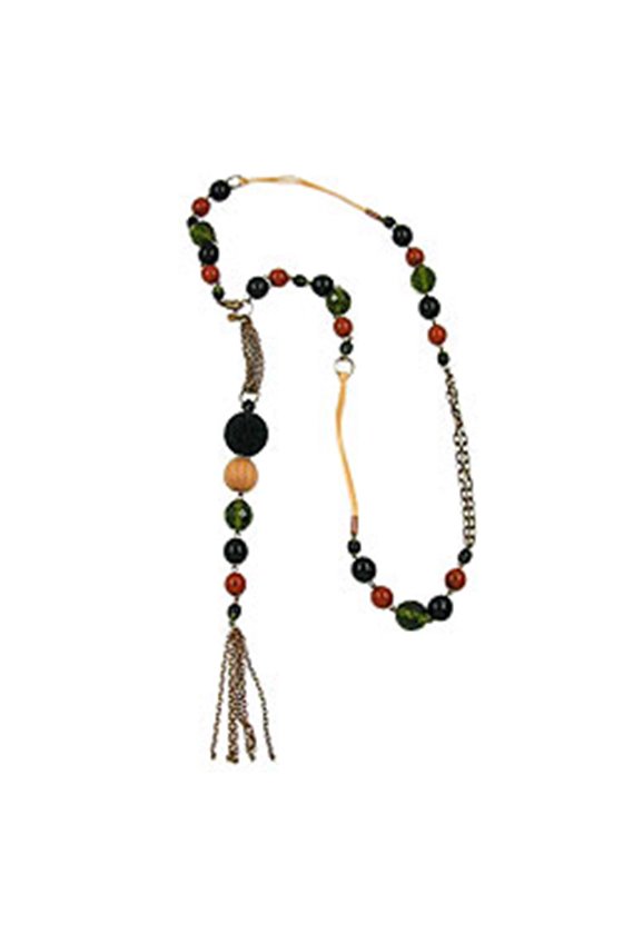 NECKLACE GLASS BEADS GREEN BROWN RED 90CM