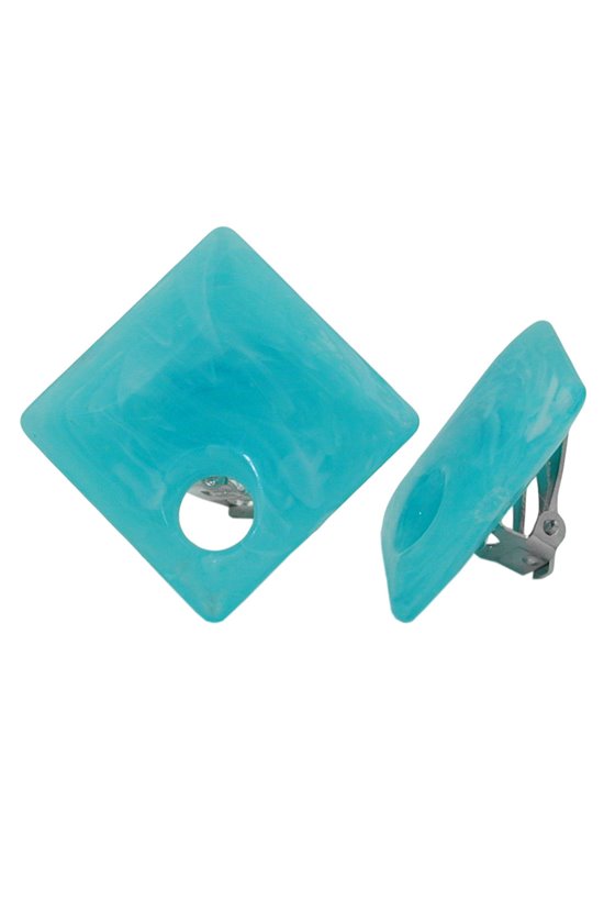 CLIP-ON EARRING SQUARE BEADS AQUA WHITE MARBLED 25X25MM