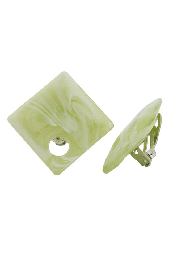 CLIP-ON EARRING SQUARE BEADS GREEN LIGHT WHITE 25X25MM