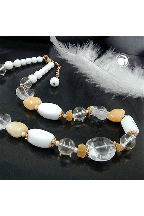 NECKLACE GLASSBEADS WHITE-BEIGE