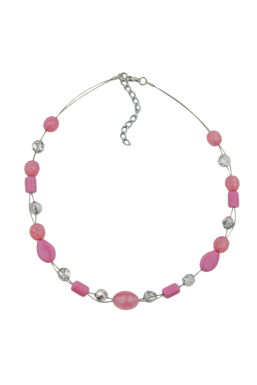 NECKLACE PINK TRANSPARENT BEADS ON COATED FLEXIBLE WIRE
