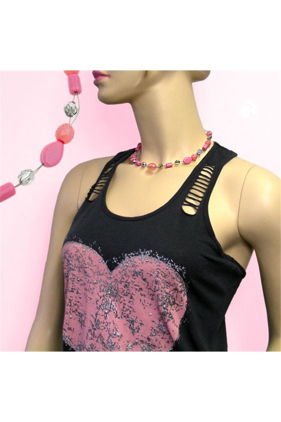 NECKLACE PINK TRANSPARENT BEADS ON COATED FLEXIBLE WIRE