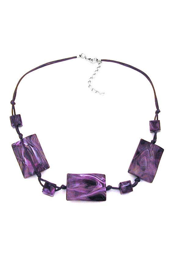 NECKLACE 3 LARGE PILLOW BEADS WAVED PURPLE MARBLED