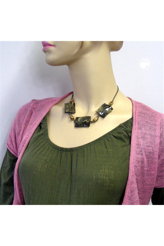 NECKLACE RECTANGULAR BEADS GREY/ BEIGE MARBLED