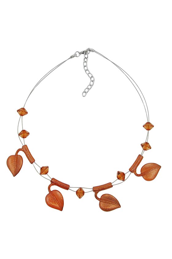 NECKLACE LEAF BEADS BROWN-COLOURED ON COATED FLEXIBLE WIRE 44CM