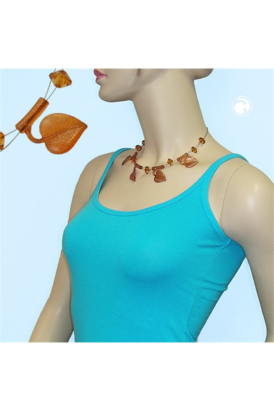 NECKLACE LEAF BEADS BROWN-COLOURED ON COATED FLEXIBLE WIRE 44CM