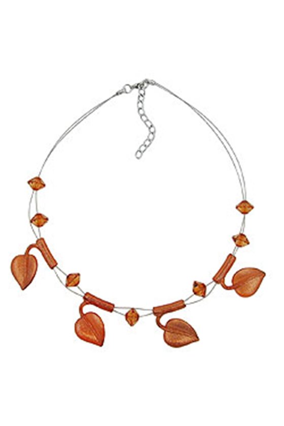 NECKLACE LEAF BEADS BROWN-COLOURED ON COATED FLEXIBLE WIRE 44CM
