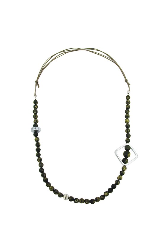 NECKLACE BAROQUE OLIVE BEADS CHROME SQUARE BEAD