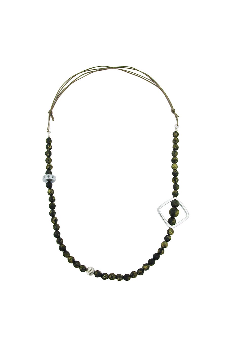 NECKLACE BAROQUE OLIVE BEADS CHROME SQUARE BEAD