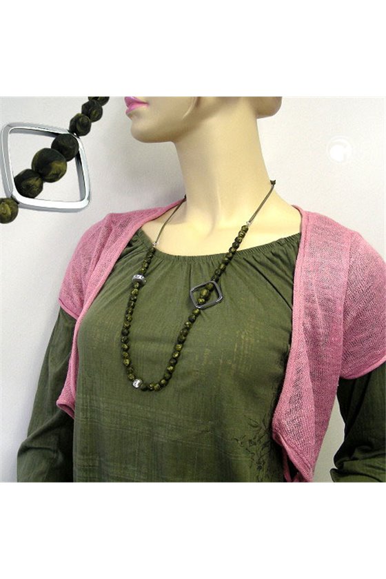 NECKLACE BAROQUE OLIVE BEADS CHROME SQUARE BEAD