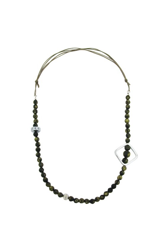 NECKLACE BAROQUE OLIVE BEADS CHROME SQUARE BEAD