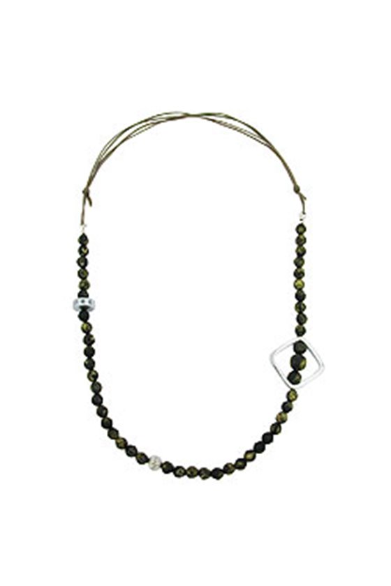 NECKLACE BAROQUE OLIVE BEADS CHROME SQUARE BEAD