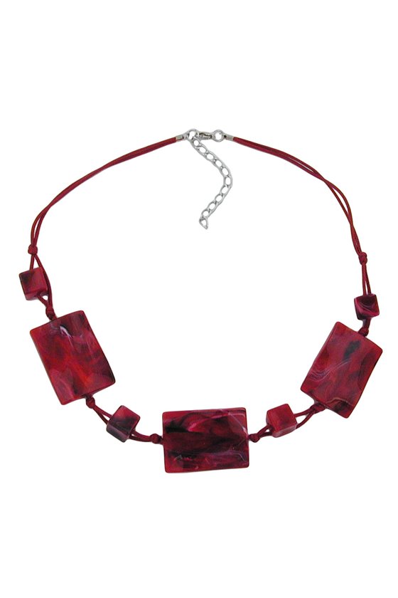 NECKLACE 3 LARGE PILLOW BEADS WAVED RED/BLACK MARBLED