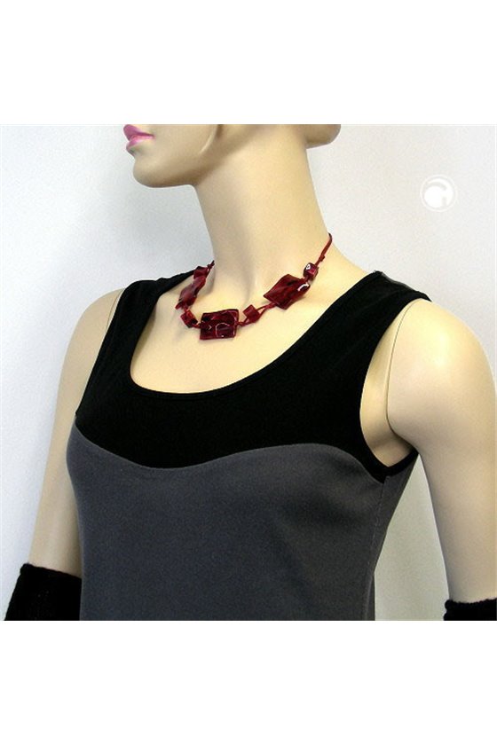 NECKLACE 3 LARGE PILLOW BEADS WAVED RED/BLACK MARBLED