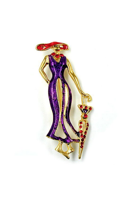 BROOCH LADY WITH UMBRELLA PURPLE RED