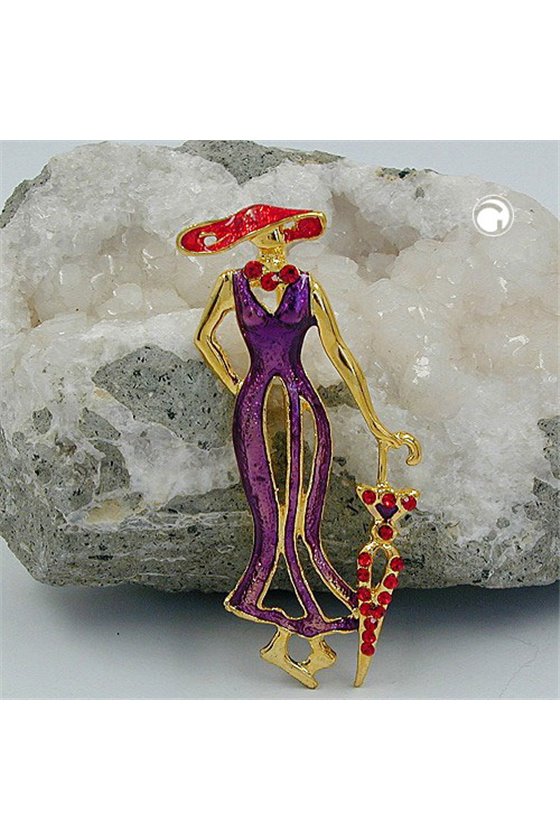 BROOCH LADY WITH UMBRELLA PURPLE RED