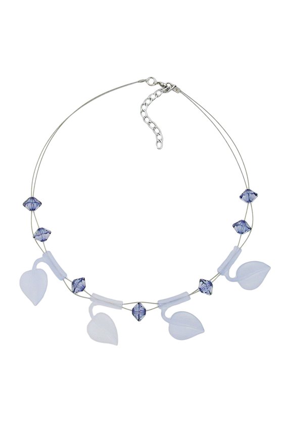 NECKLACE LEAF BEADS LIGHT BLUE ON COATED FLEXIBLE WIRE 44CM