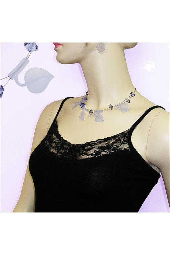 NECKLACE LEAF BEADS LIGHT BLUE ON COATED FLEXIBLE WIRE 44CM