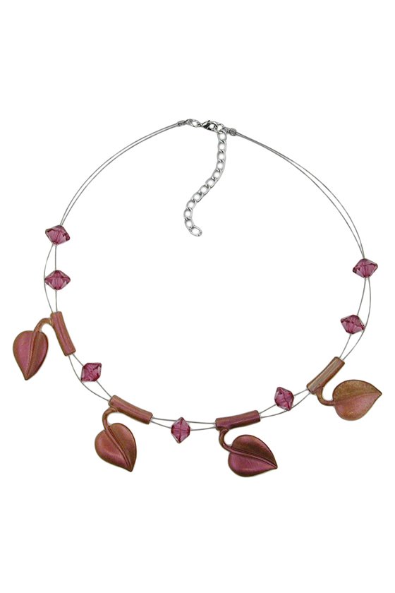 NECKLACE LEAF BEADS PURPLE-COLOURED ON COATED FLEXIBLE WIRE 44CM