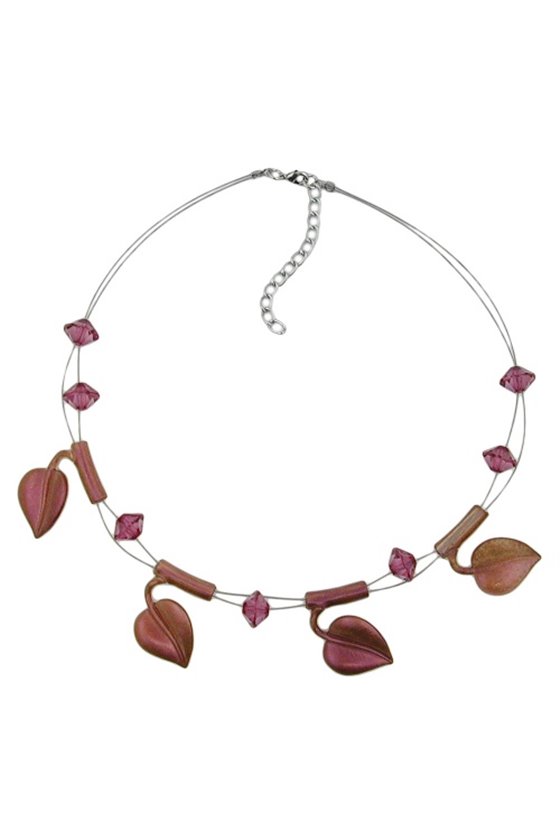 NECKLACE LEAF BEADS PURPLE-COLOURED ON COATED FLEXIBLE WIRE 44CM