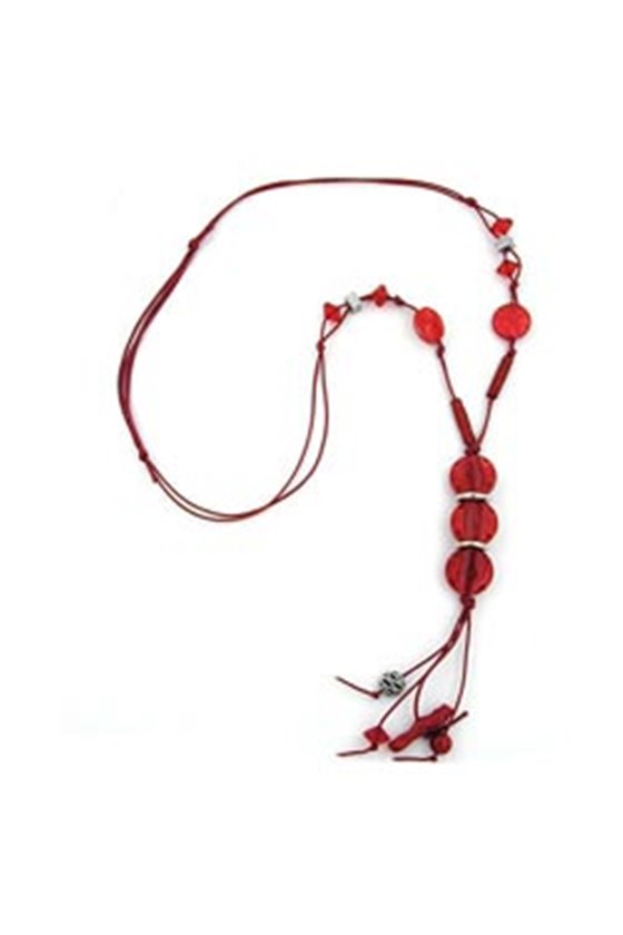 NECKLACE 3 RED MARBLED DISK BEADS GREAT DESIGN