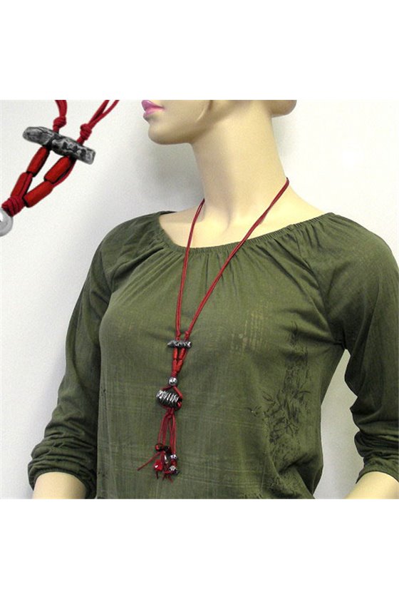 NECKLACE NET BEAD ANTIQUE SILVER/ RED COLOURS