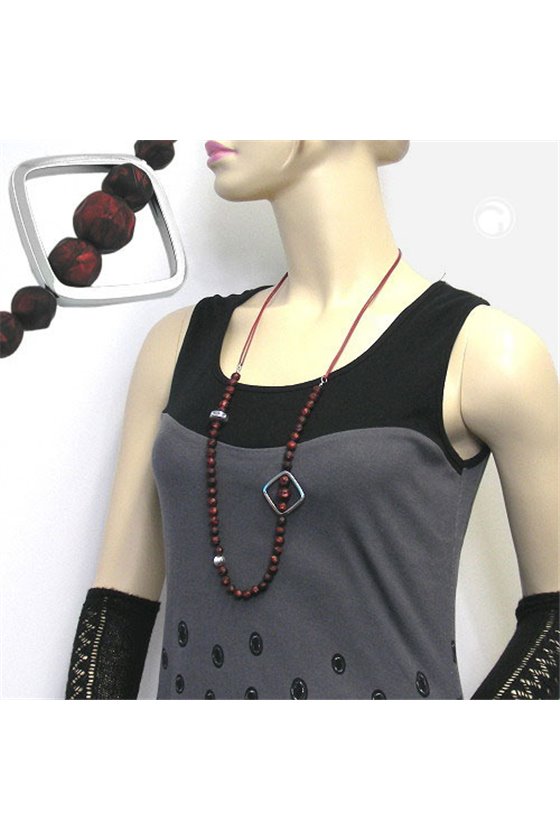 NECKLACE RED BEADS CHROME COLOURED SQUARE BEAD