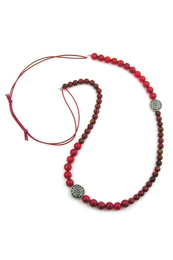 NECKLACE RED/BLACK MARBLED 2 SILVER COLOURED DESIGNER BEADS