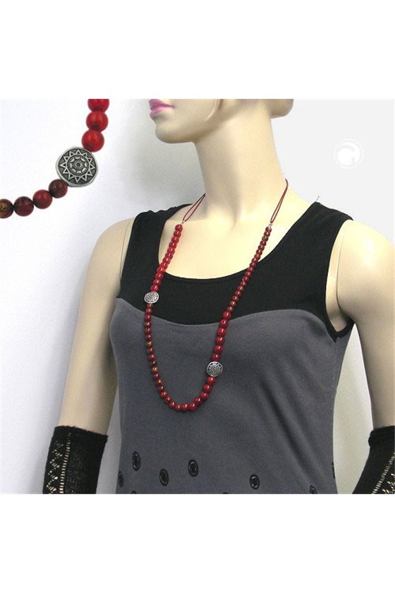 NECKLACE RED/BLACK MARBLED 2 SILVER COLOURED DESIGNER BEADS