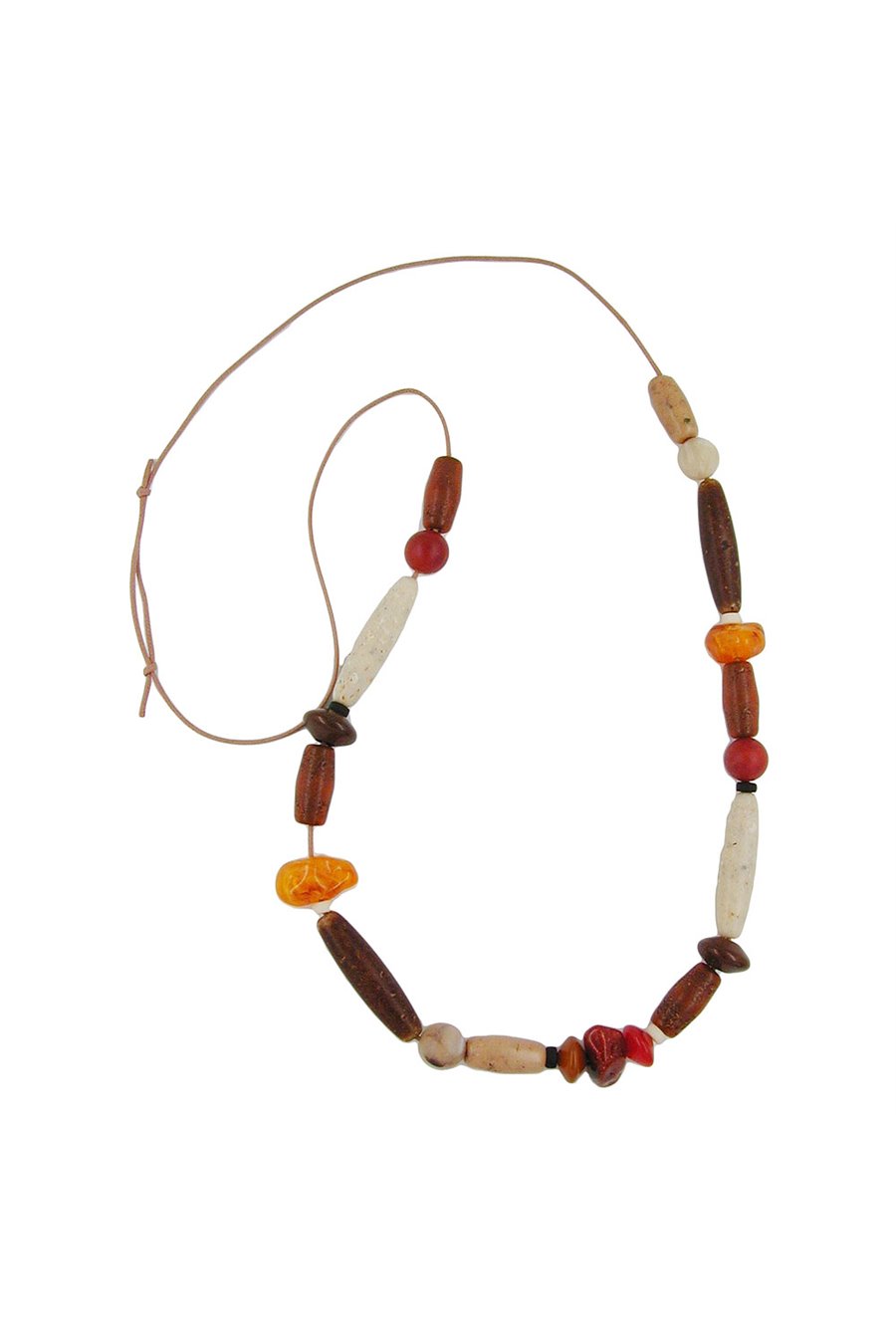 NECKLACE BEADS BROWN-RUST-RED-IVORY 90CM