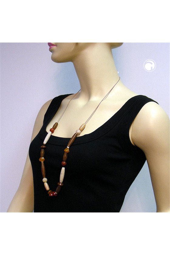 NECKLACE BEADS BROWN-RUST-RED-IVORY 90CM