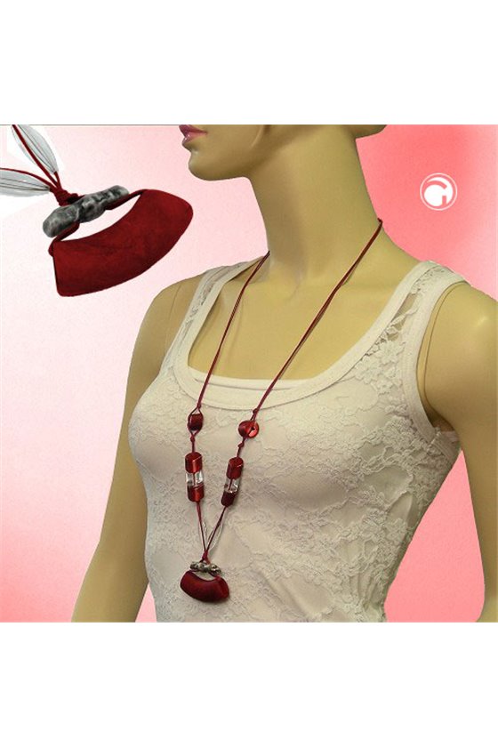 NECKLACE TUBE FLAT CURVED RED-SILVER 95CM