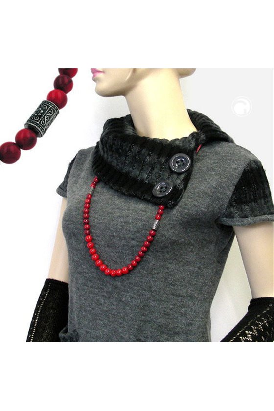 NECKLACE RED MARBLED BEADS SILVER COLOURED FANTASY BEADS