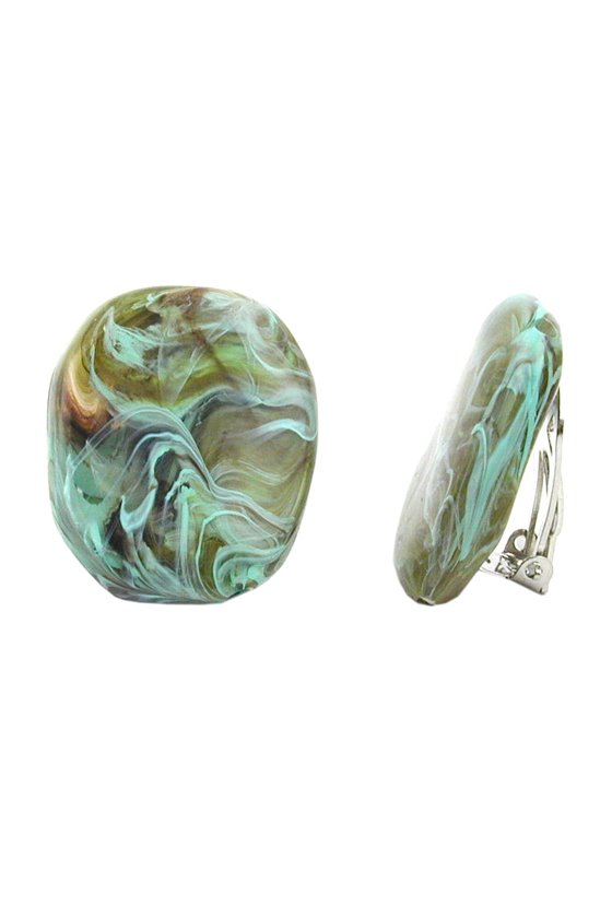 CLIP-ON EARRING OLIVE GREEN TURQUOISE MARBLED